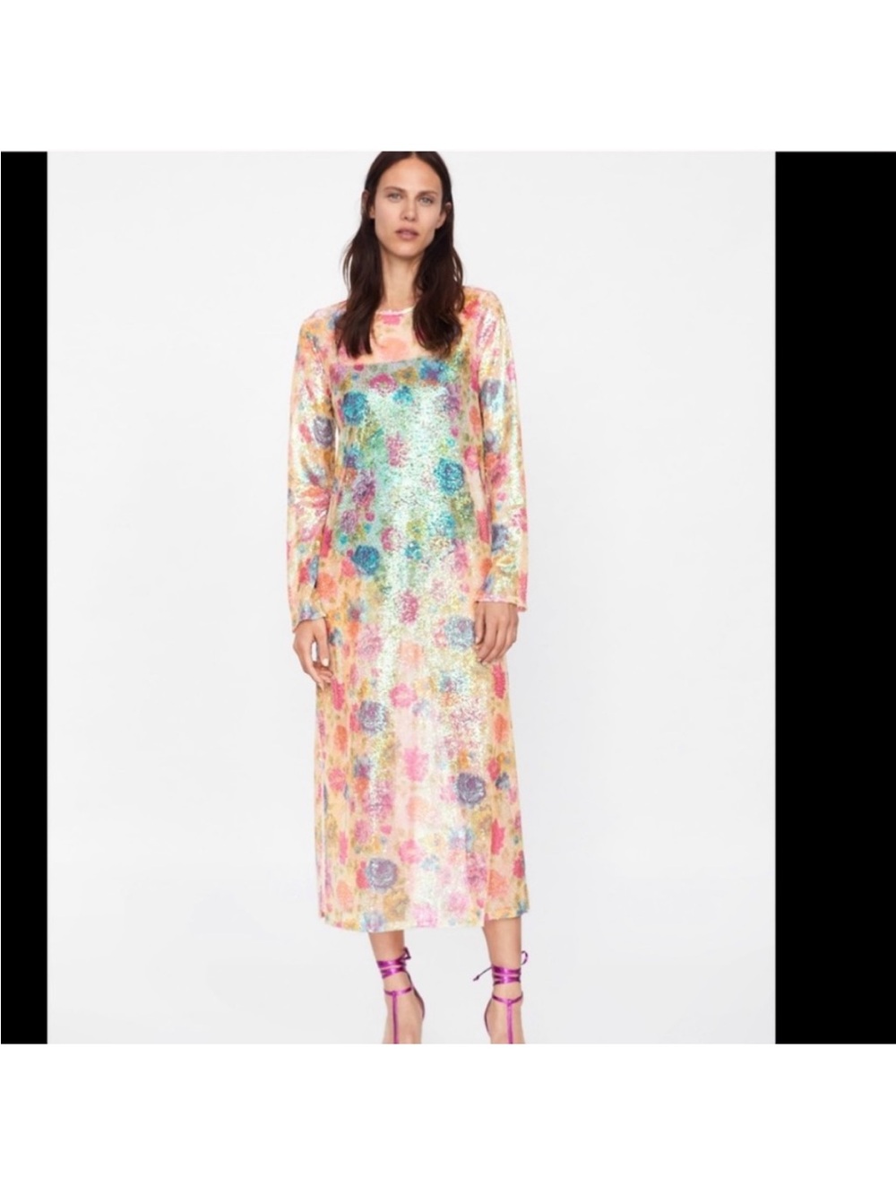 Zara Multicolor Sequin Long Sleeve Midi Dress